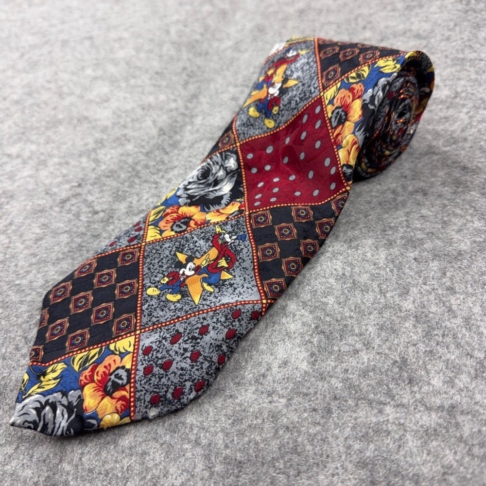 VTG Mickey & Co Tie Mens Multicolor Patchwork Floral Silk Disney 90s Retro